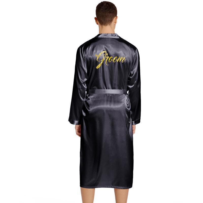Men's Gold Lettering Wedding Morning Robe - Long, Large Size, Spring/Autumn Cardigan Nightgown