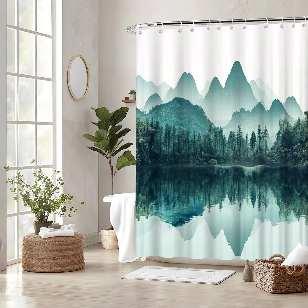 Serene Nature Shower Curtain - Misty Mountain & Lake, 70.8X70.8In, Machine Washable, Polyester, 12 Hooks, Fashionable Bath Decor