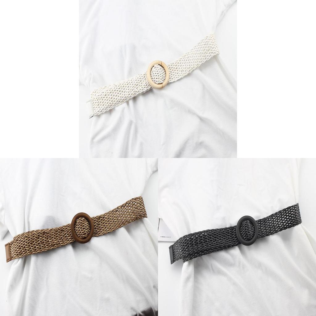 Womens Woven Cotton Linen Belt With Round Wooden Buckle For Casual Dress Fashion