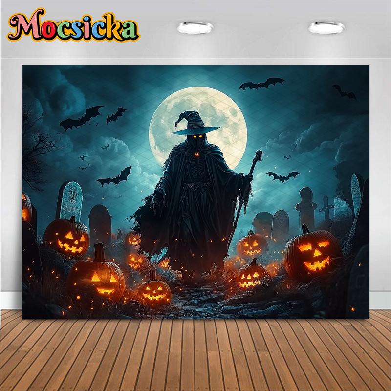 Mocsicka Halloween Backdrop Photography Baby Wizard Photo Backgrounds Night Moon Cemetery Ghost Pumpkin Party Decorations Banner