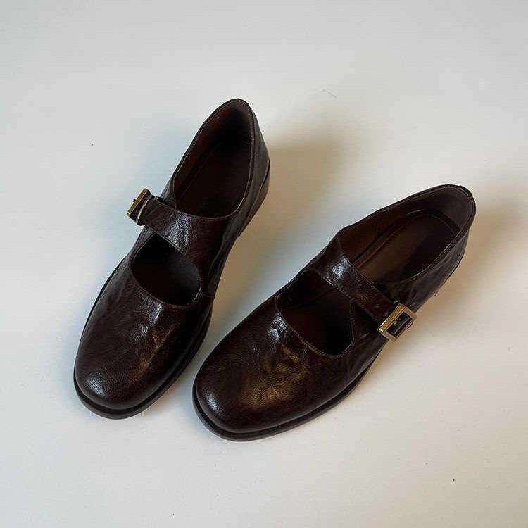 College style sheepskin versatile Mary Jane 2025 round head thick medium heel leather square buckle single shoes women's retro college