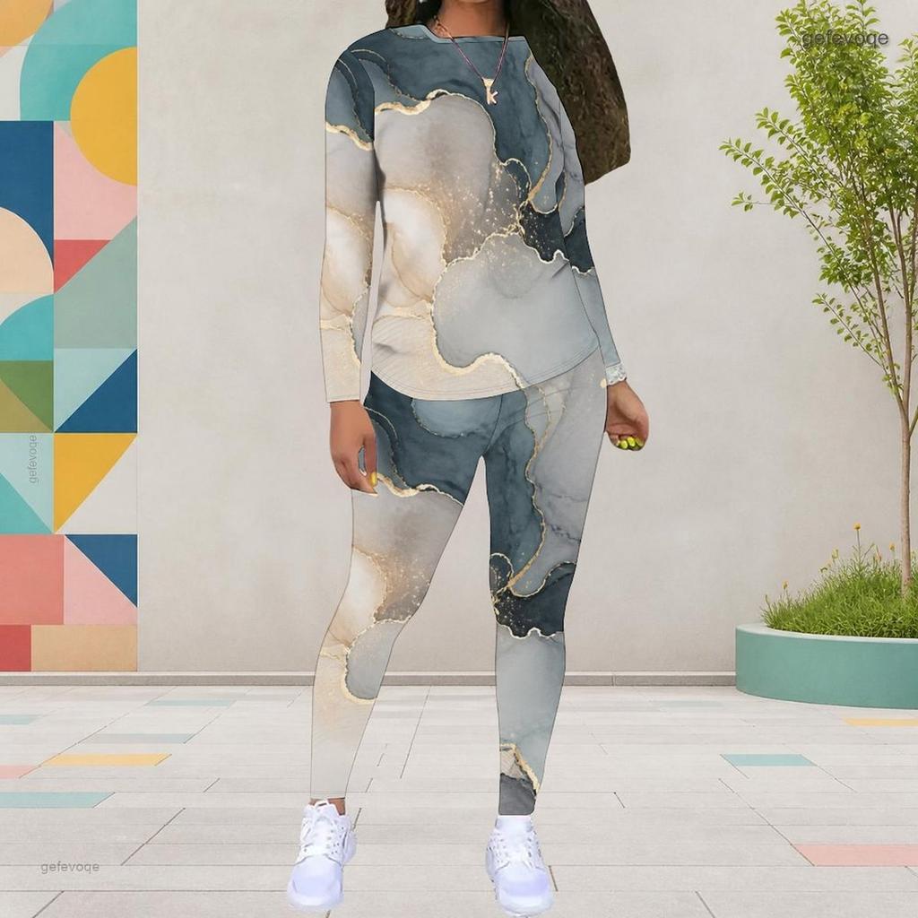 Women Plus Size Round Neck Long Sleeve Printed Top Fitted Pants Two Piece Set