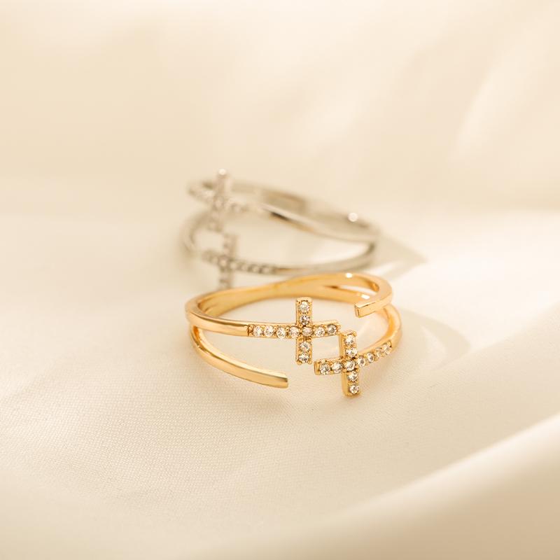 Shiny Opening Zircon Double Cross Rings For Woman Gold Color Stainless Steel Ring Luxury Wedding Ring Jewelry Gift Bague