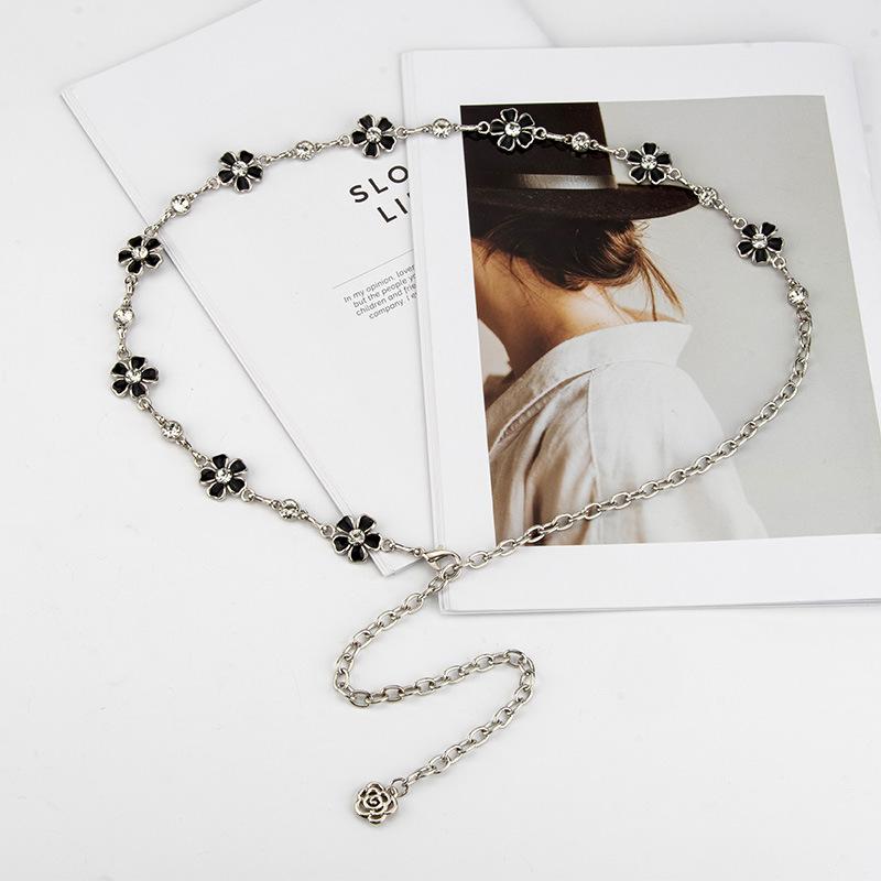 European and American Elegant Metal Waist Chain Women's Rhinestone Flowers Fashionable Versatile Decorative Dress Waist-hugging Ins Belt Women