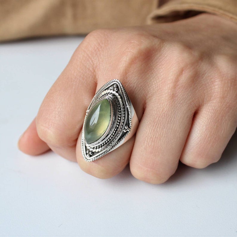 Natural Prehnite AAA+Quality Ring, Finger Boho Ring, 925-Sterling Silver Ring, Engagement Gift, Marquise Gemstone Ring, Handmade Jewelry,