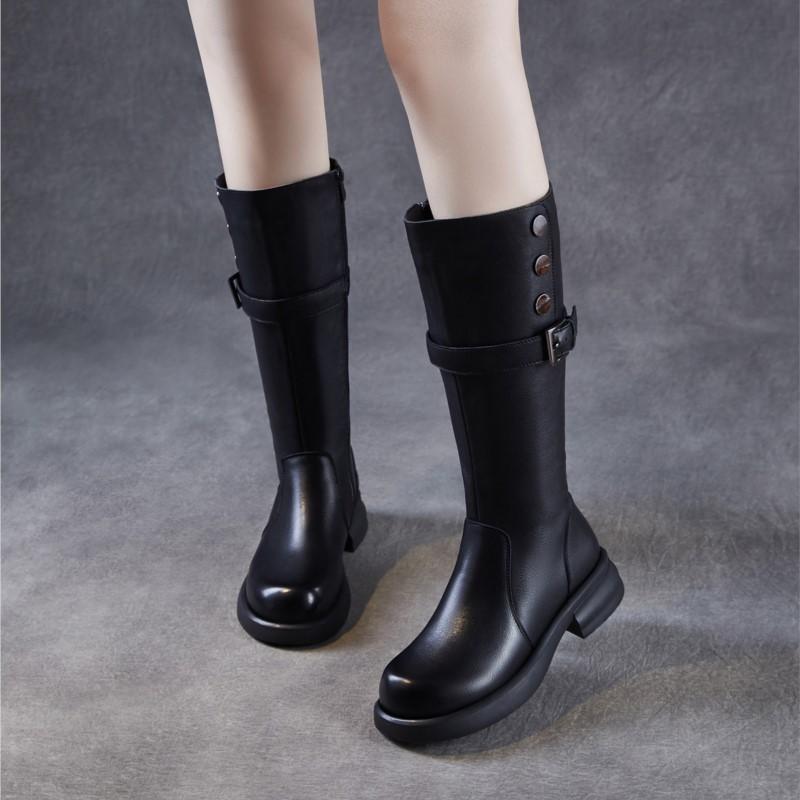 Johnature Skórzane Retro Damskie Kozaki Rycerskie na Grubej Podeszwie Okrągły Nosek Klamra Paska Wysokie Kozaki