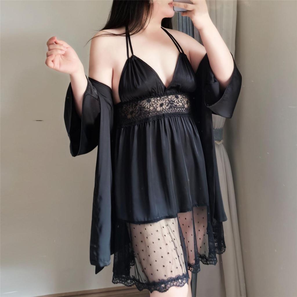 Plus Size Light Luxury Lace Ice Silk Two-Piece Pajama Set with Chest Pads