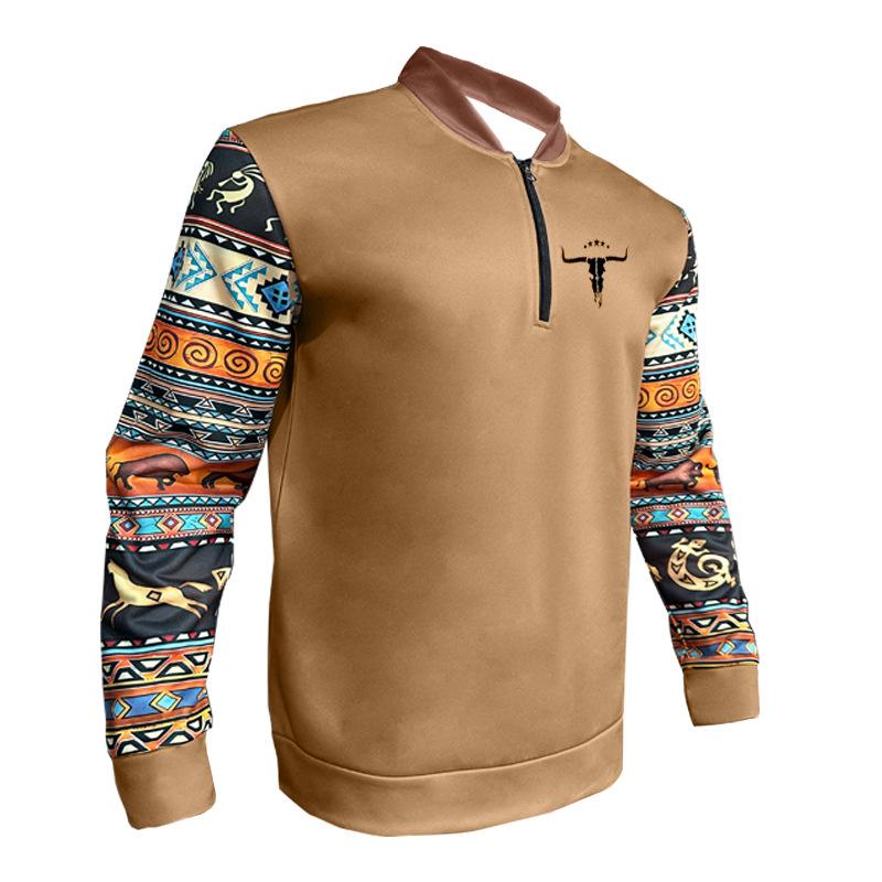 Retro High Street Half-Zip Pullover Stand Collar Oversized Casual Printed Men's Sweatshirt