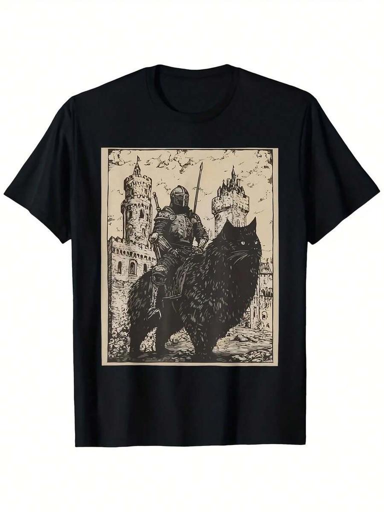 Unisex's Vintage Medieval Knight Riding Black Cat Graphic T-Shirt