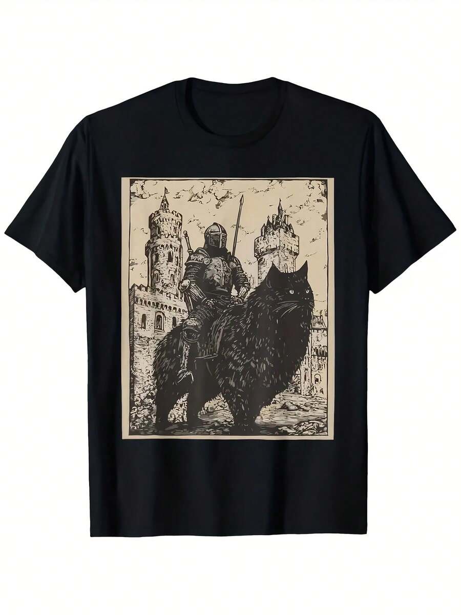 

Unisex s Vintage Medieval Knight Riding Black Cat Graphic T-Shirt XXL