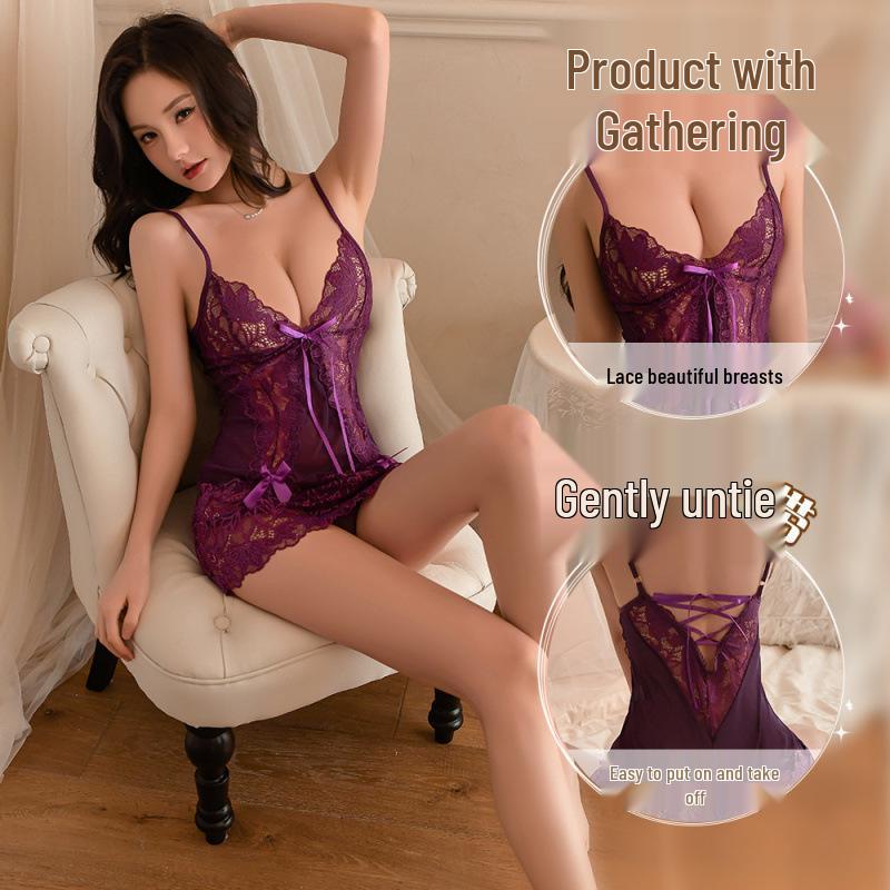 Tiefviolettes Spitzen-Cutout-Netz-Nachthemd mit Bindeband