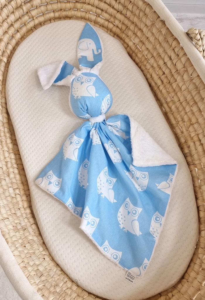 Bunny Cuddly Toy Doudou Double-Sided Cotton and Minky - Blue Owls - White