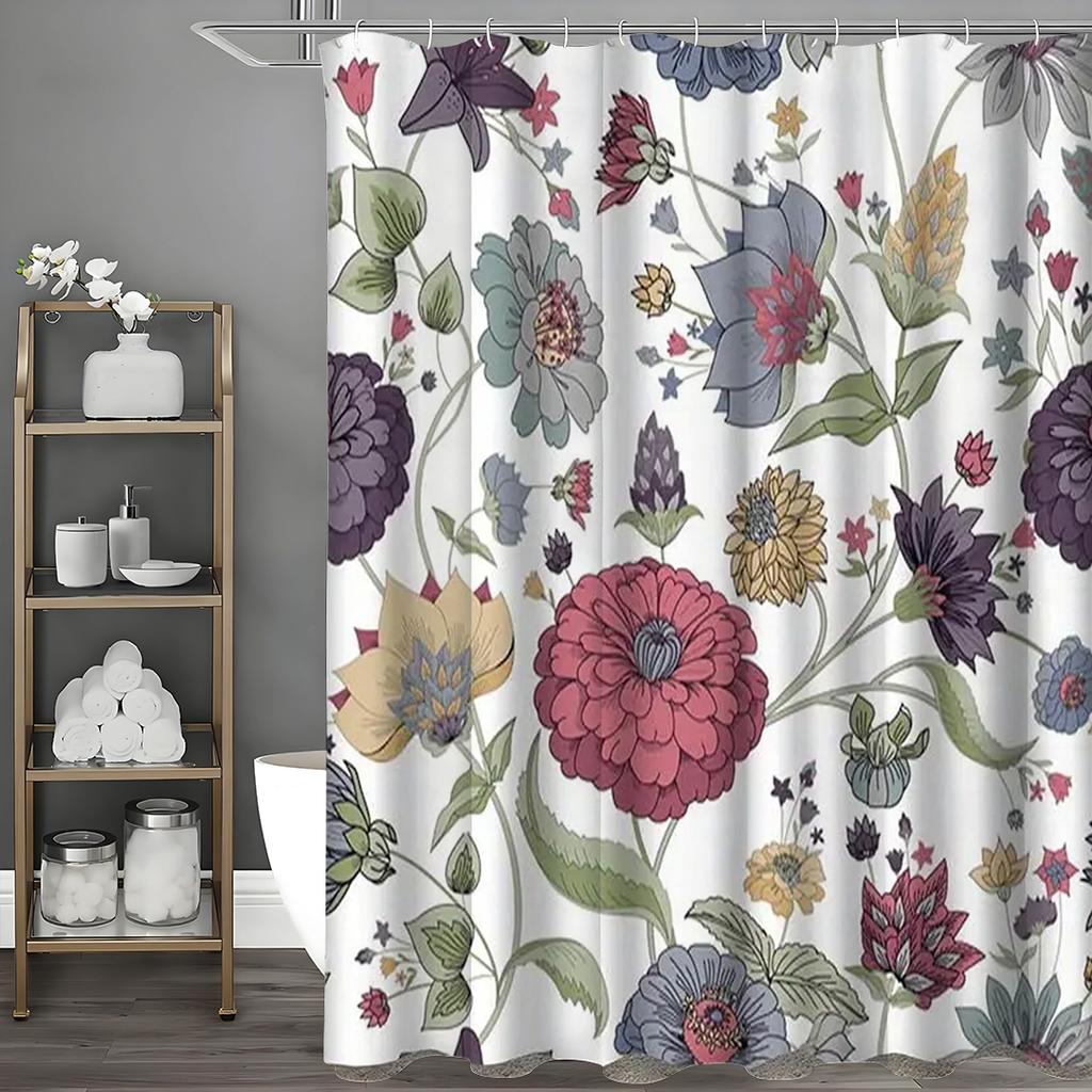 Purple and White Shower Curtain, Vintage Floral Bathroom Shower Curtain with 12 Hooks, Paisley Style Waterproof Bathroom Decorat