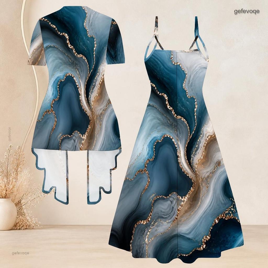 Women Plus Size Colorful Printed Two Piece Set V Neck Strappy Flared Dress Short Sleeve Open Front Cardigan