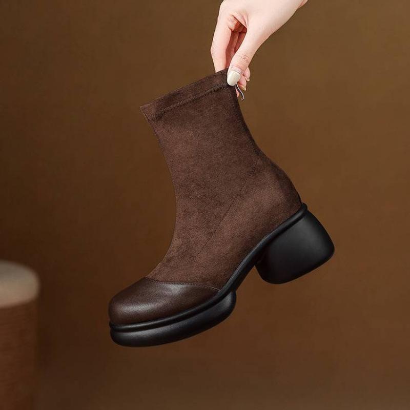 Korean Round Head Elastic Suede Fashion Boots Women's Thick-soled Medium Heel Large Size Women's Boots Rear Zipper Autumn and Winter Mid-tube Boots