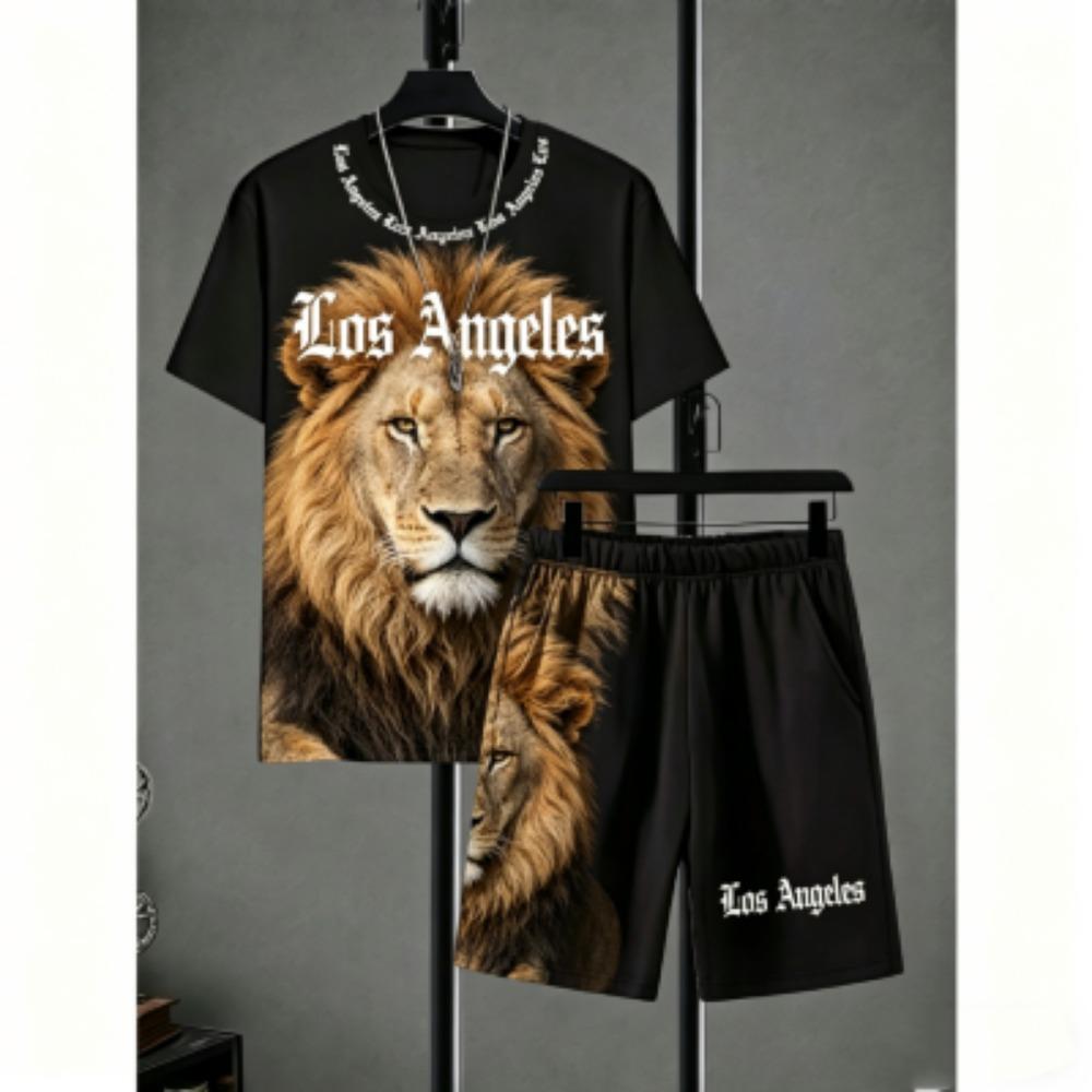 Fashion Men's Set Animal Tiger Lion Printed Men's T-shirt and Shorts 2 Piece Set Summer Casual Outdoor Men's and Women's T-shirt Sets