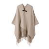 Solid Color Toggle Button Cape Shawl Tassel Hem Soft Faux Cashmere Poncho Wrap for Women