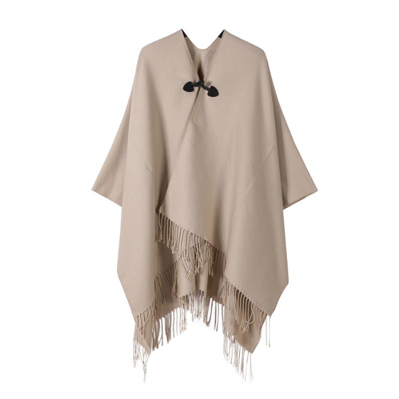 Solid Color Toggle Button Cape Shawl Tassel Hem Soft Faux Cashmere Poncho Wrap for Women