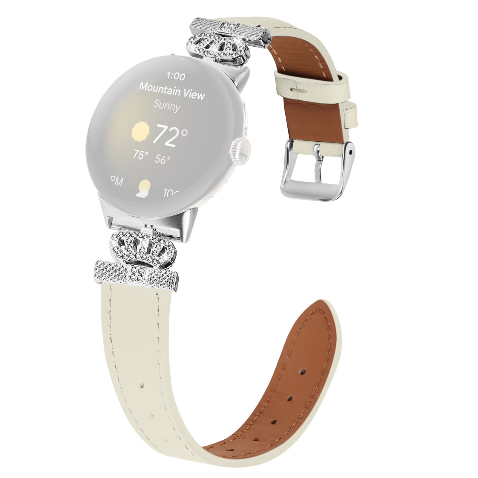 

For Google Pixel Watch 3 41mm/Watch 2/Pixel Watch Soft Genuine Cow Leather Wrist Band Rhinestone Watch Strap (Silver Buckle) Apricot