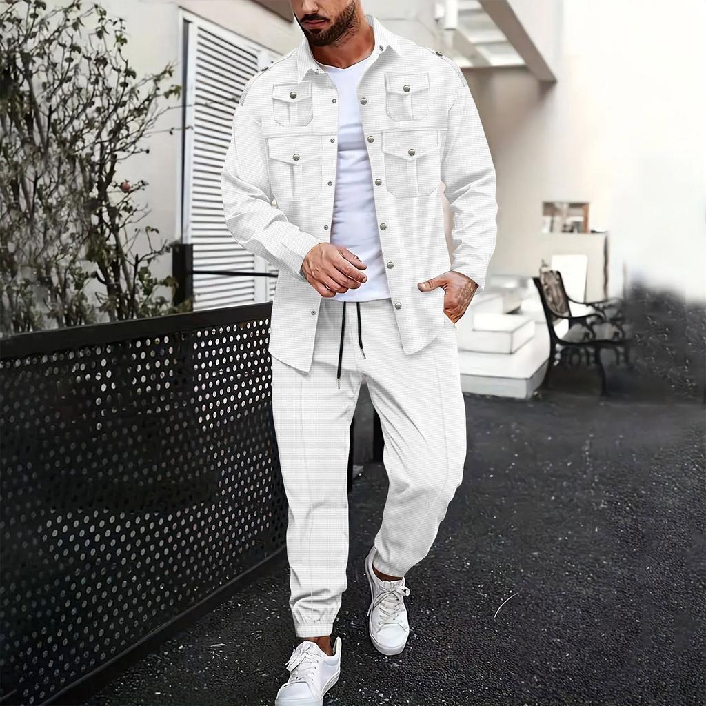 Men's Long Sleeved Work Shirt With Multiple Pockets And Trousers  Casual Two Piece Suit  Casual And Versatile