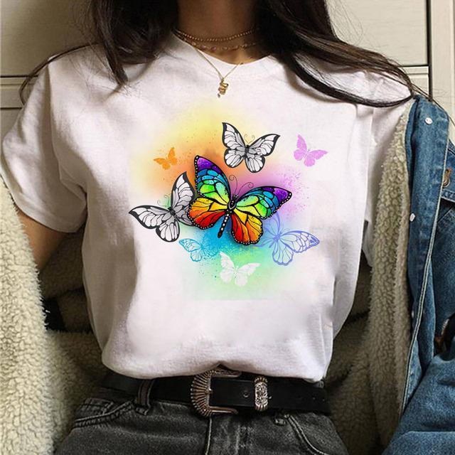 Women Tshirt Watercolor Butterfly Print Tshirt Summer Female Tops Casual Short Sleeve T-Shirts Harajuku Graphic Tee Cute T-Shirt