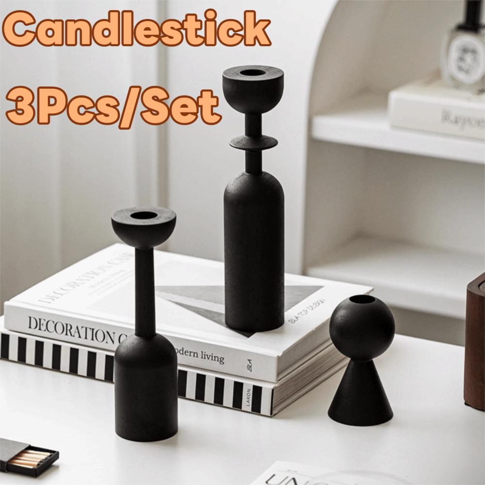 3Pcs/Set French Style Wooden Candle Holder Vintage Minimalist Candlestick Ornament Geometric Aesthetics Multi-Size