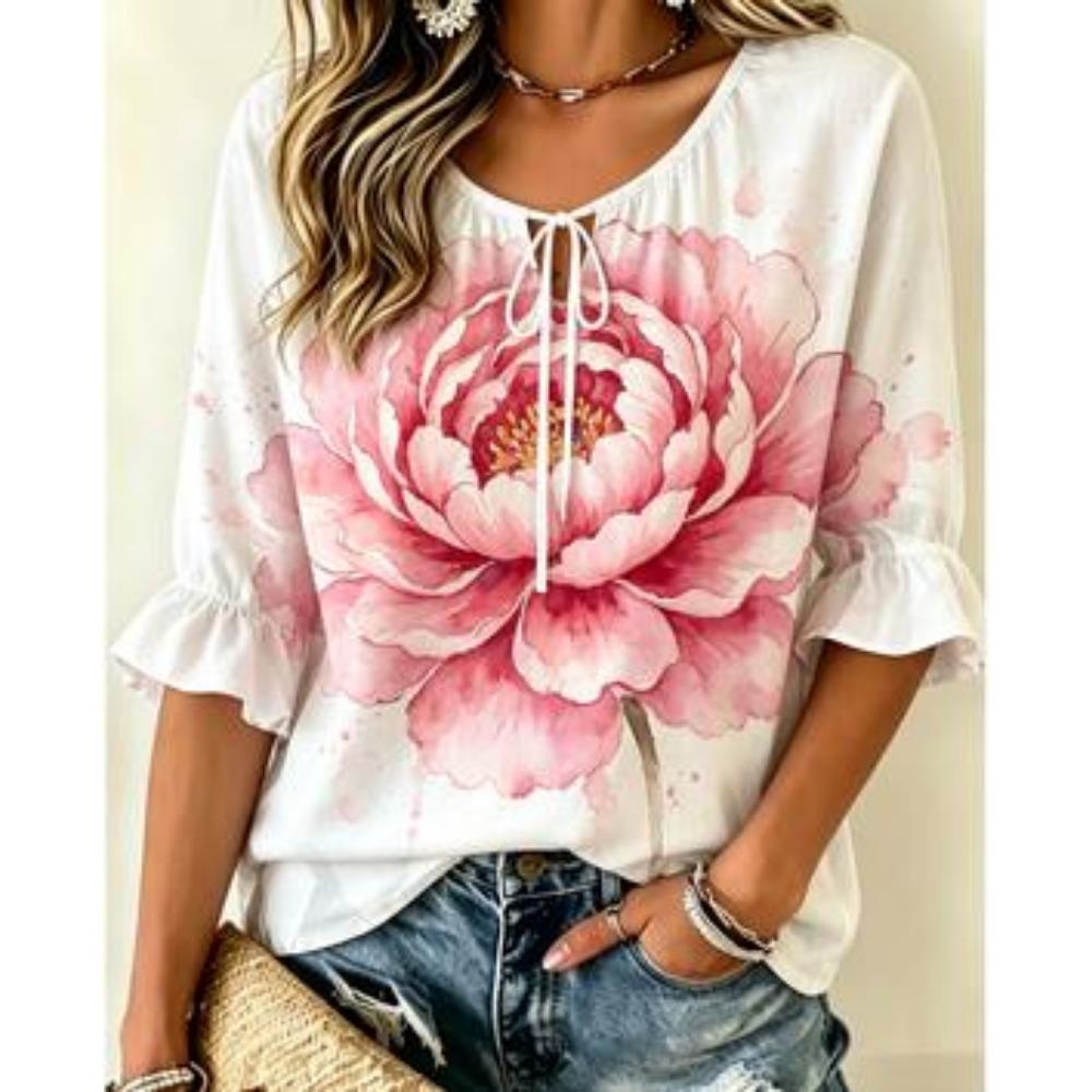 Women Tie Neck Ruffle Half Sleeve Blouse Color Block Geometric Print Loose Casual Shirt for Summer Outdoor Daily Coffee Outfits