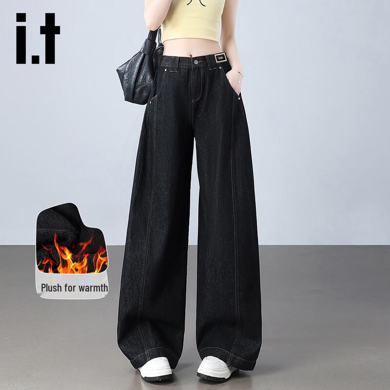 Izzueit Women s Winter High-Waist Fleece-Lined Wide-Leg Jeans L