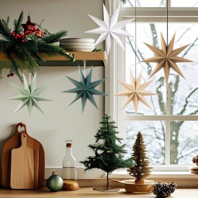 5 Stück 9-zackiger Stern Papierlaterne 12 Zoll 3D Weihnachts-Papierstern Deckenhängeornament für Hochzeit Weihnachtsfeier Heimdekoration