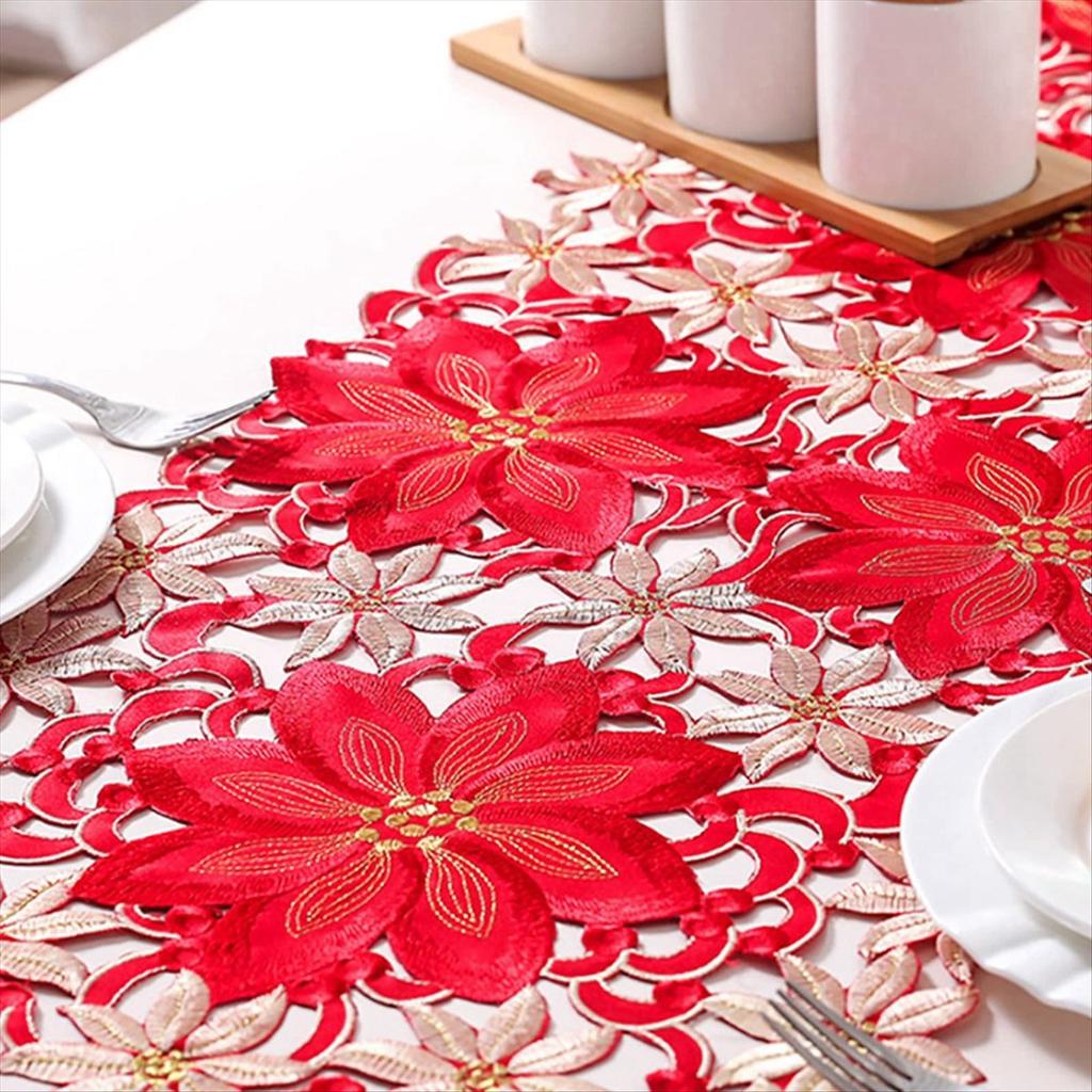 BHBL Christmas Table Runner, Poinsettia Holly Leaf Embroidered Table Linens for Christmas Decorations 15 X 86 Inch