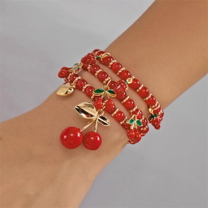 Fashion Cherry Shape Heart Pendant Bracelets Set for Women Handmade Red Beads Strawberry Stacking Bracelets Party Jewelry Gift