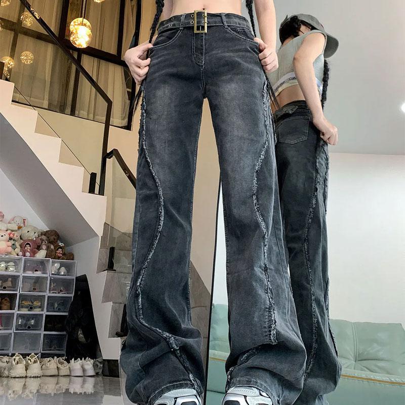 Stylish High Waist Black Washed Trousers Female Clothing Wide Leg Denim Pants Distressed Stitch Detail Streetwear Casual Jeans