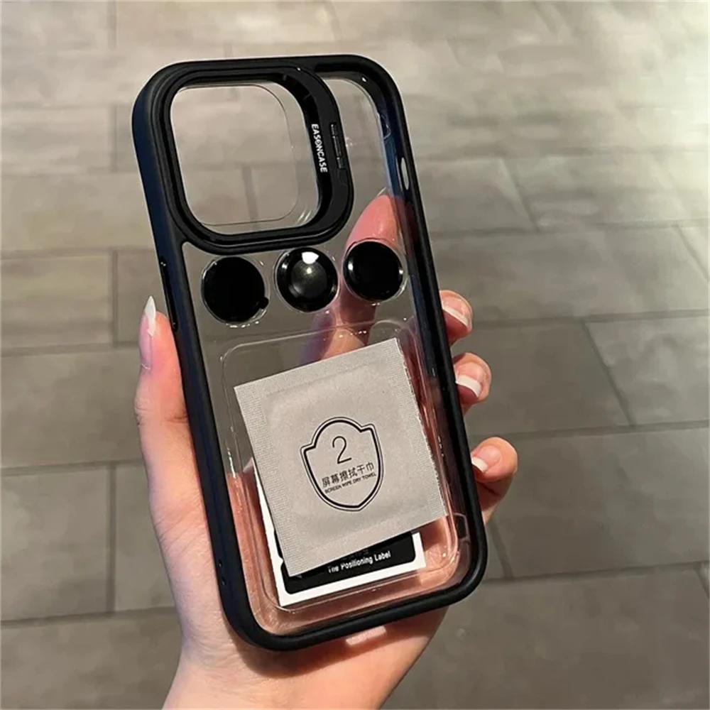 Transparent Shockproof Lens Protector Stand Case for iPhone 11-15, Camera Glass Protection, Metal Ring