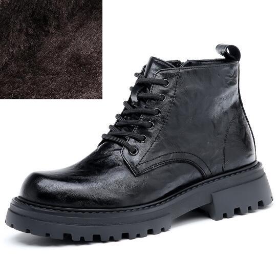 

Мужские новые плюс хлопок кожаные мотоциклетные ботинки ветер толстая подошва внутренняя высота локомотив черные ботильоны D550 38
