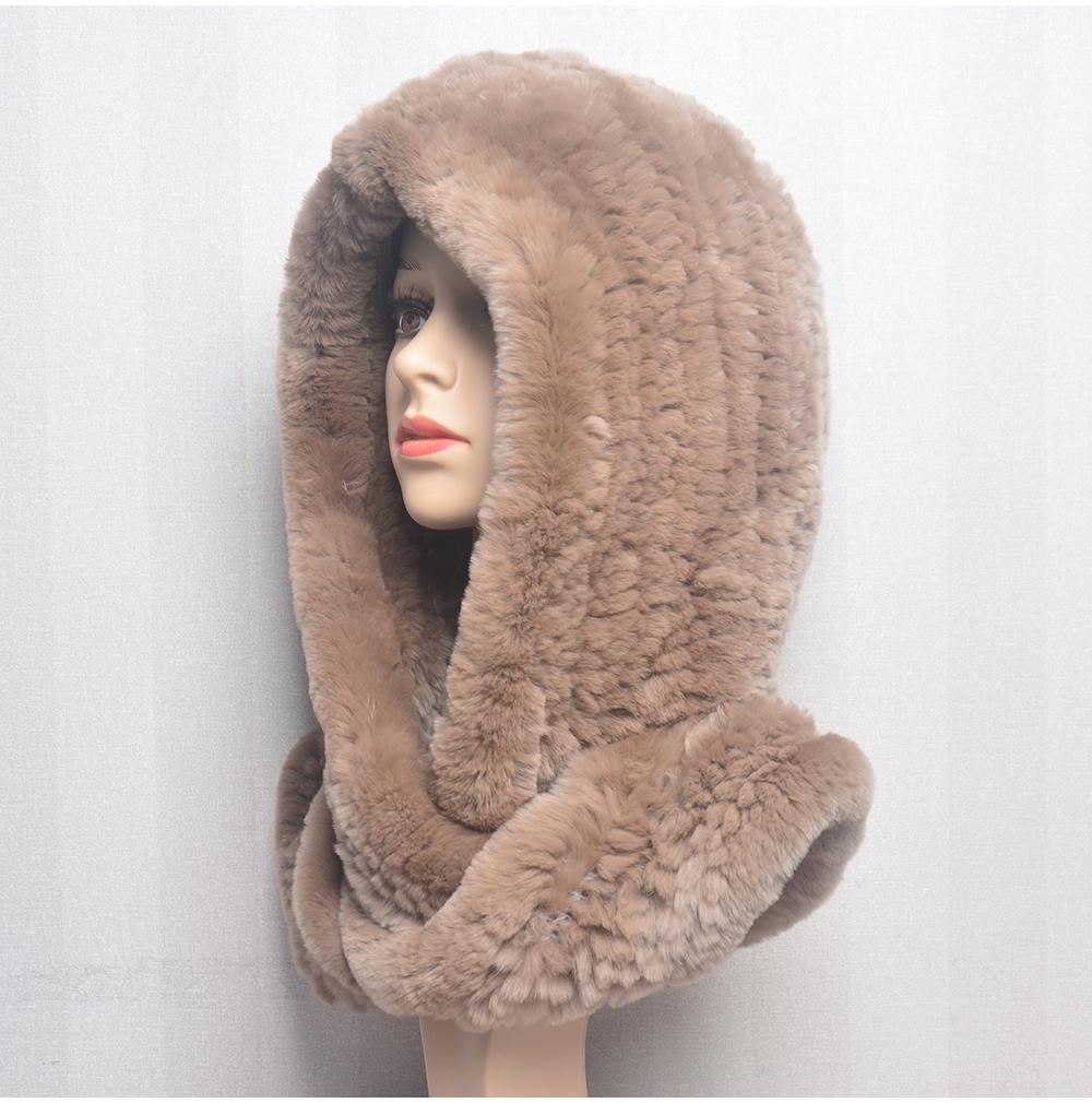 Hot Sale New Women Real Knitted Rex Rabbit Fur Hat Hooded Scarf Long Winter Warm Fur Hat With Neck Collar Scarves Hat Scarf