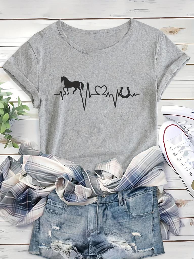 Unisex Valentine's Day Horse & Heart Letter Print Crew Neck  Women's Short Sleeve Sports T-shirt Vintage Women Clothing
