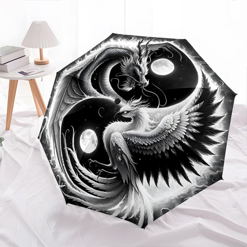 1pc Yin Yang Dragon and Phoenix Automatic Umbrella Design, Cute Cartoon Pattern, Portable Outdoor Umbrella, Perfect A097