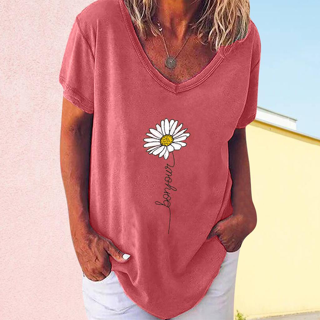 Women V-neck Casual Short-sleeved Small Print Loose Pullover T-shirt Tops