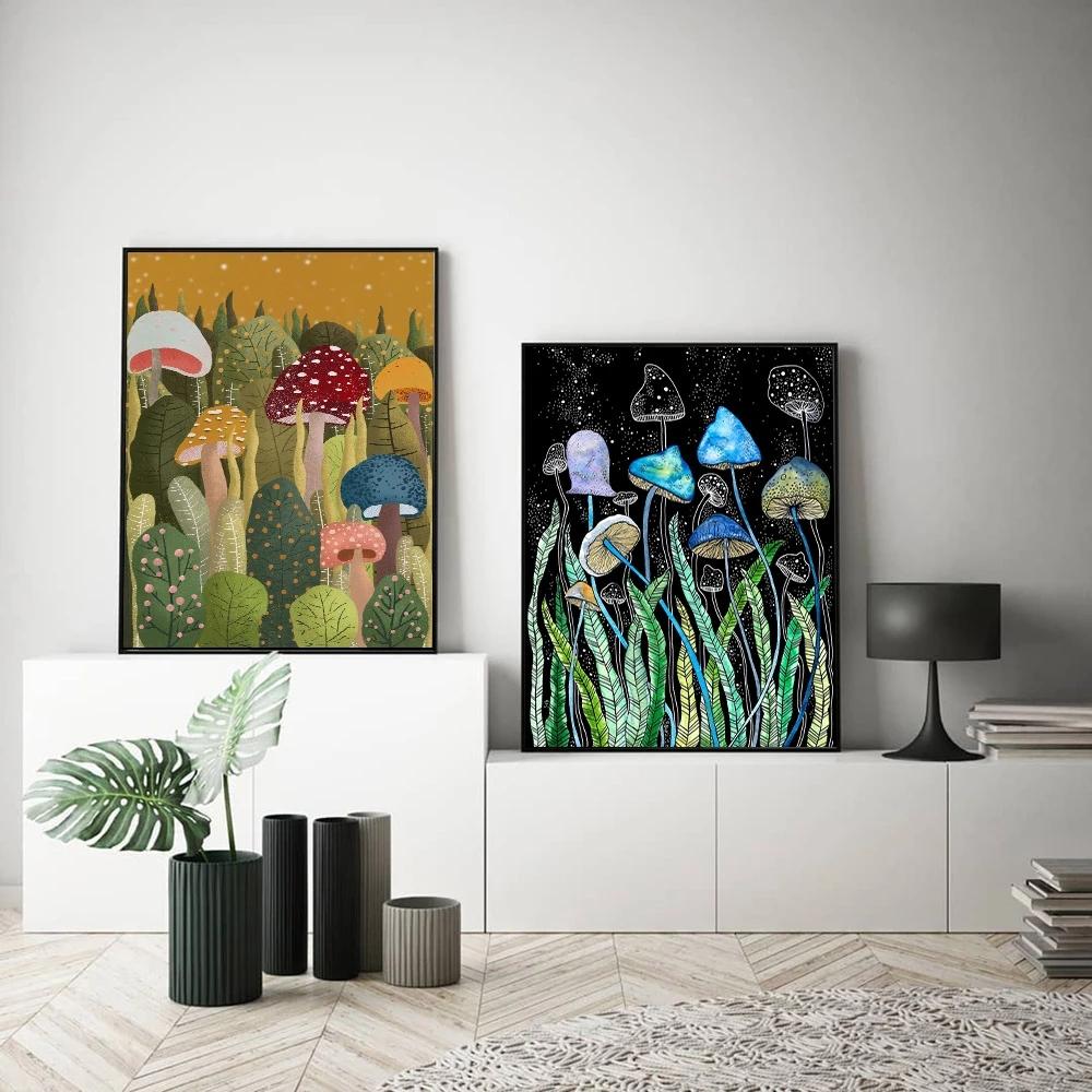 Solid Wood Frame Canvas Paintings Abstract Watercolor Plant Wall Art Mushroom Illustration Poster Print Picture For Living Room Home Decoration