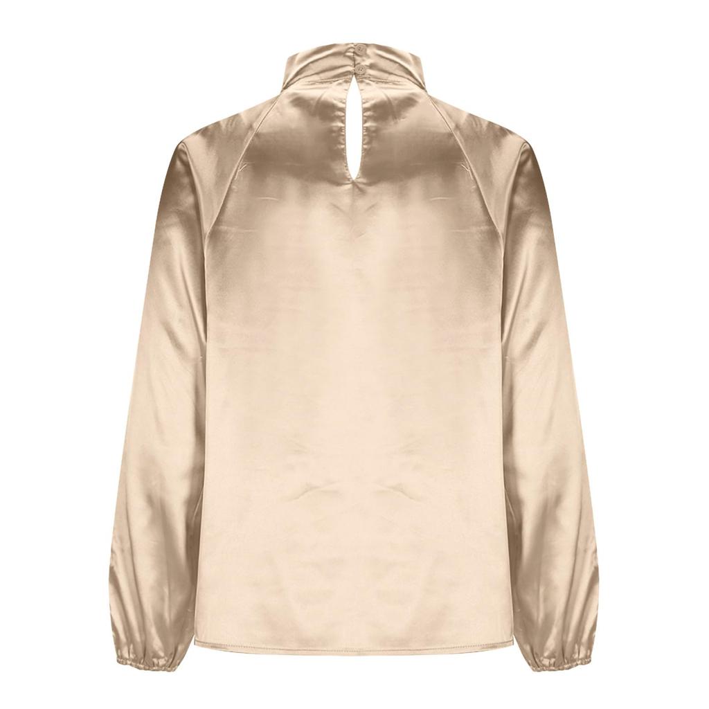 Damen Minimalistisch Hoher Halsausschnitt Farbe Plissiert Lässig Vielseitig Satin Langarm T-Shirt Top