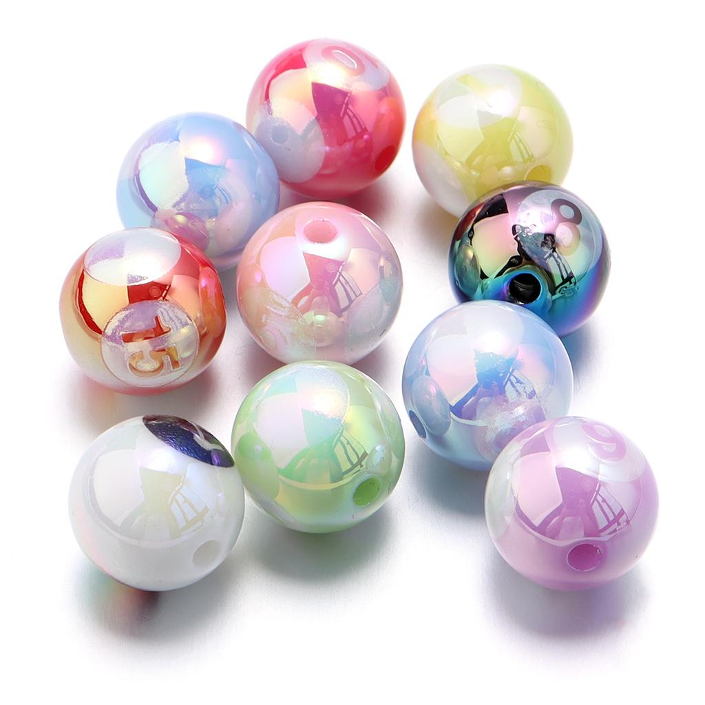 10Pcs 15.5mm Acrylic Plated UV Colored Beads Stripes Star Printed Loose Round Beads For DIY Phone Chain Jewelry Accessories