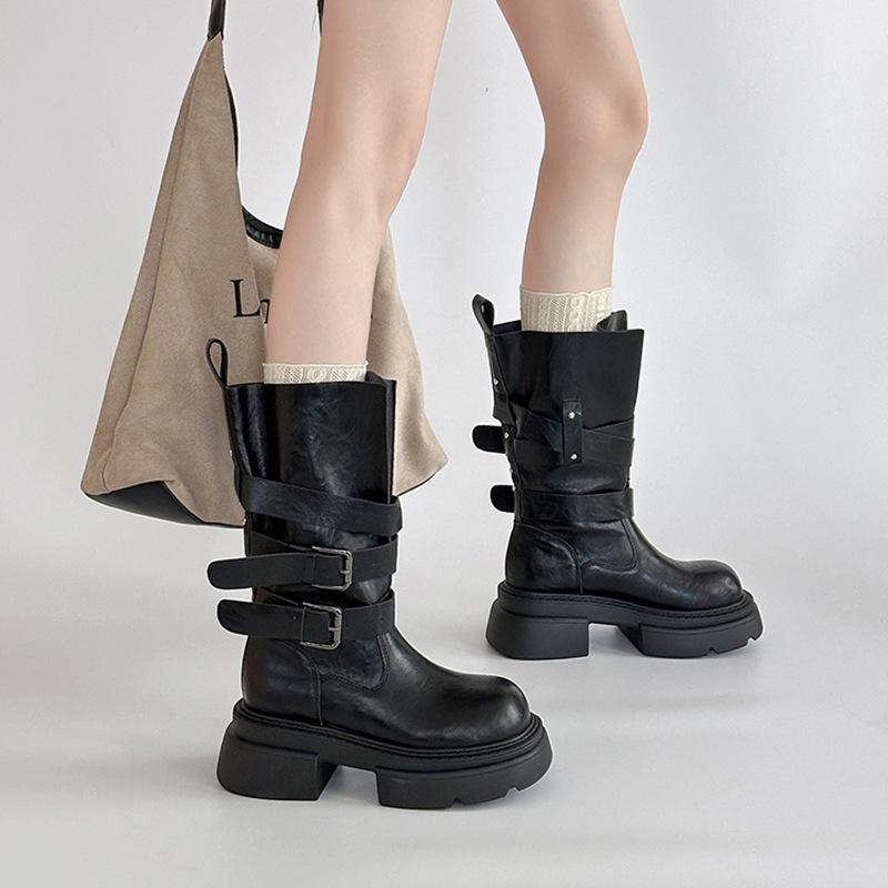 Retro versatile high-heeled leather boots texture thick-soled Martin boots women's autumn and winter British style small thick-heeled fashion boots