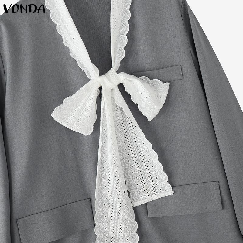 VONDA Women V-Neck Bow Lace Long Sleeve ButtonThin Cardigan Blazer