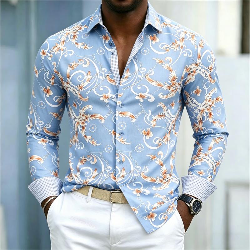 2026 Men's Shirt Palace Style Men's Shirt Blue Bottom Gold Brown Vine Chain Full Print Flip Collar Casual Long Sleeve Shirt