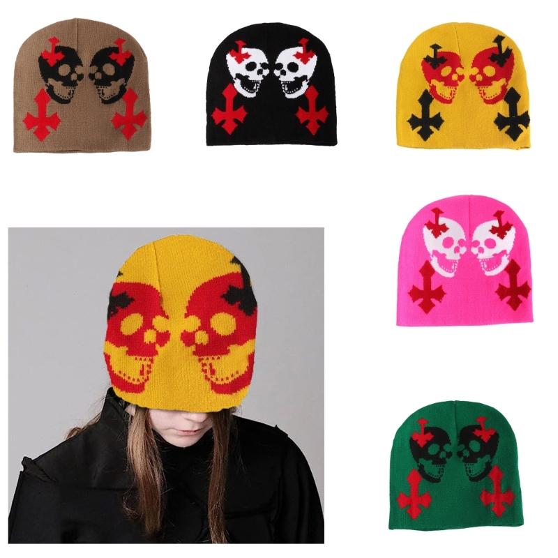 Knit Double Skull Beanie Hat for Students Adult Windproof Foldable Winter Hat Handmade Halloween Keep Warm Cycling Hat