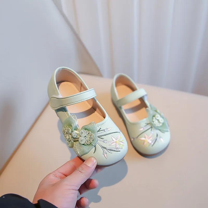 

Туфли на плоской подошве для девочек с сетчатым узлом, детские вышитые кожаные туфли для вечеринки, свадьбы, детские элегантные туфли принцессы для темперамента 26 зелёный