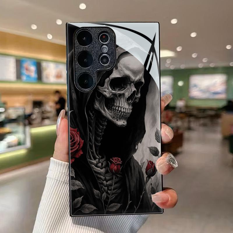 Skull Rose Pattern Glass Phone Case Suitable for Samsung Galaxy S26 S25 S24 S23 S22 S20 FE/Ultra/Plus Anti Drop Back Cover