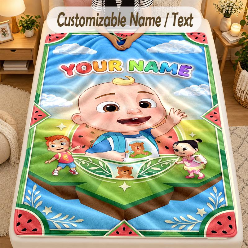Flannel BlanketCocomelon Custom Name Text Personalized Soft Warm Throw Blanket Home Decor Gift