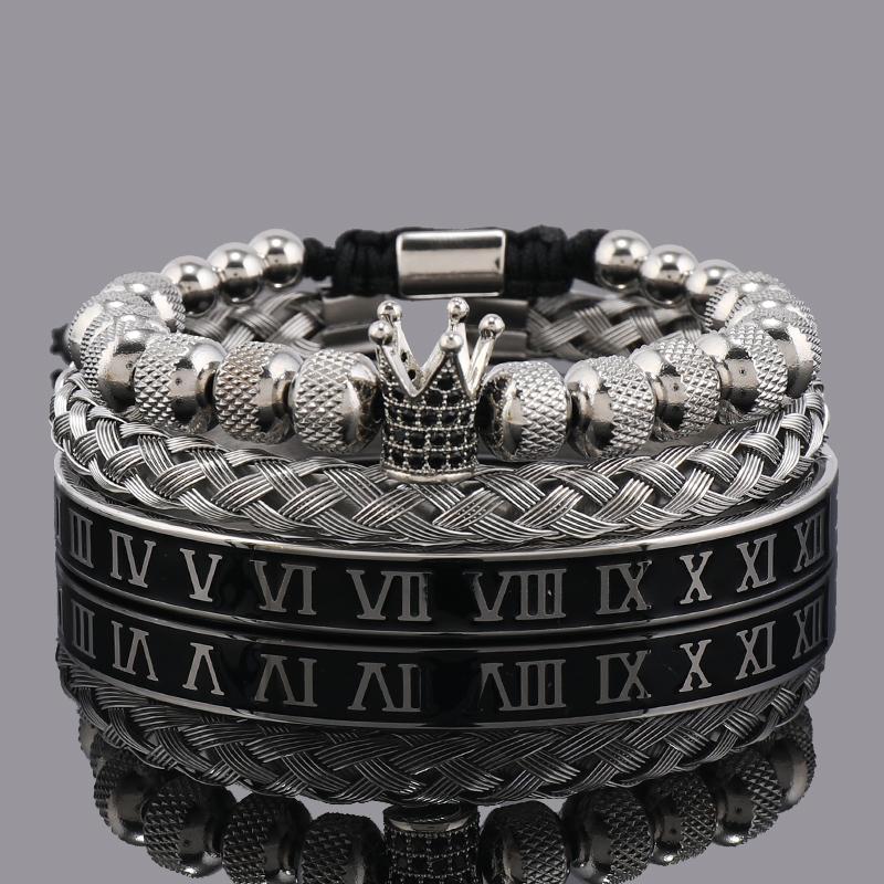 Set di Lusso Ciondoli Corona Bracciale Uomo Acciaio Inossidabile Romano Braccialetti Donna Gioielli per le Mani Regalo di San Valentino