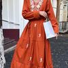 Vintage Western Style Embroidered V-neck Strap Up Waist Long Sleeve Dress for Women French Elegant Grand Swing Long Dress
